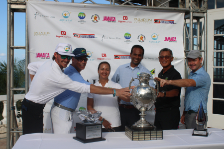 L-R Hunter Summy, Scott Summy (Owner of Aqua Bay Resort), Jodi Munn-Barrow (President, JGA), Dr Carey Wallace (CEO, TEF), Peter Chin (Organizer), Ewan Peebles (Director of Golf- Tryall)