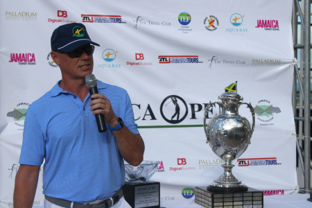 Scott Summy, Owner of Aqua Bay Resort (Presenting Sponsor of the Jamaica Open) speaks at Media Briefing  at Tryall Golf Club