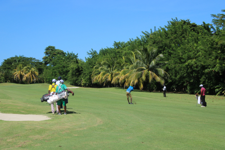 Shaquon Harding in full swing from the fairway on hole 7 at Tryall
